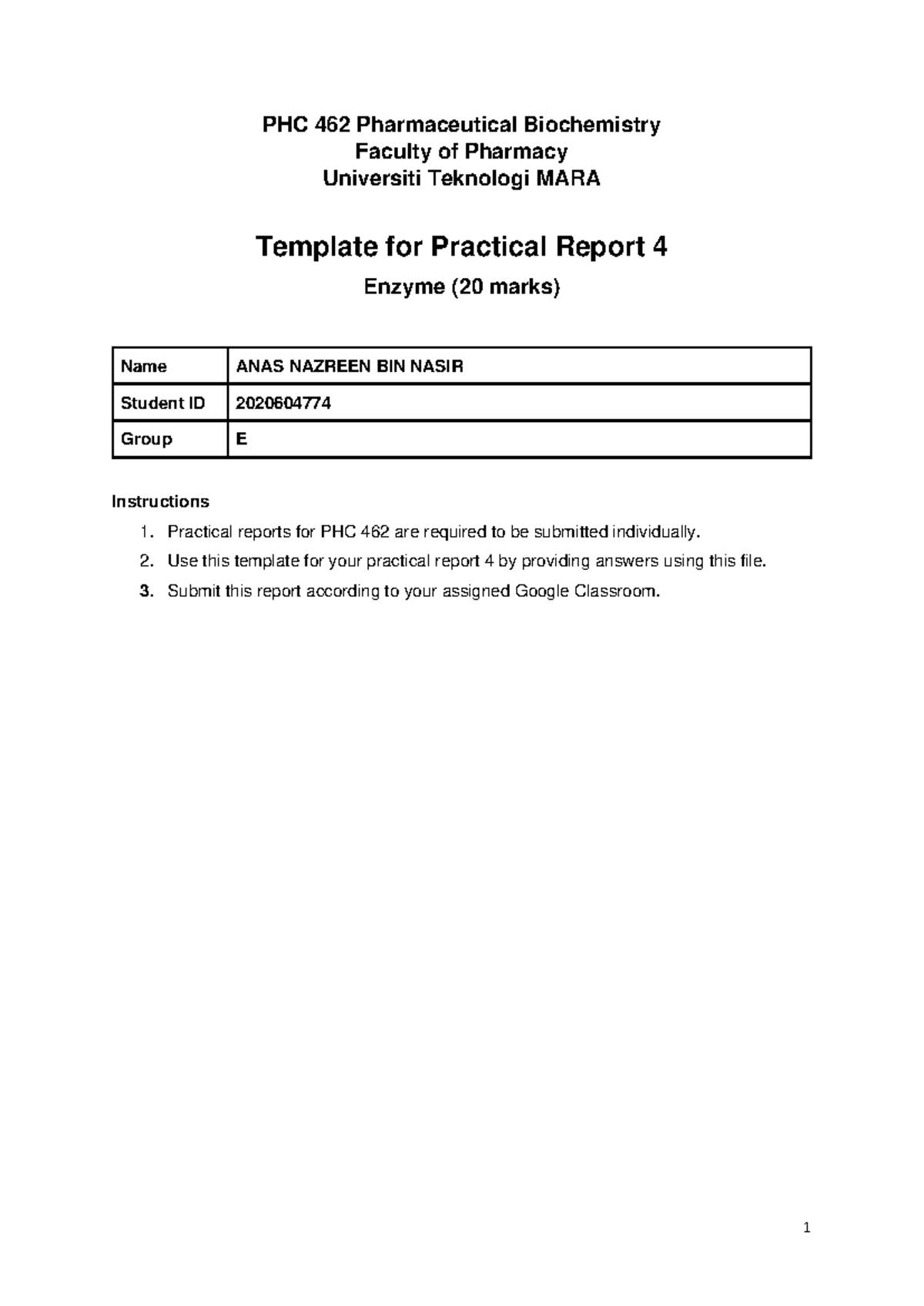 PHC 462 Practical Report 4: Enzyme Activity Analysis - Studocu