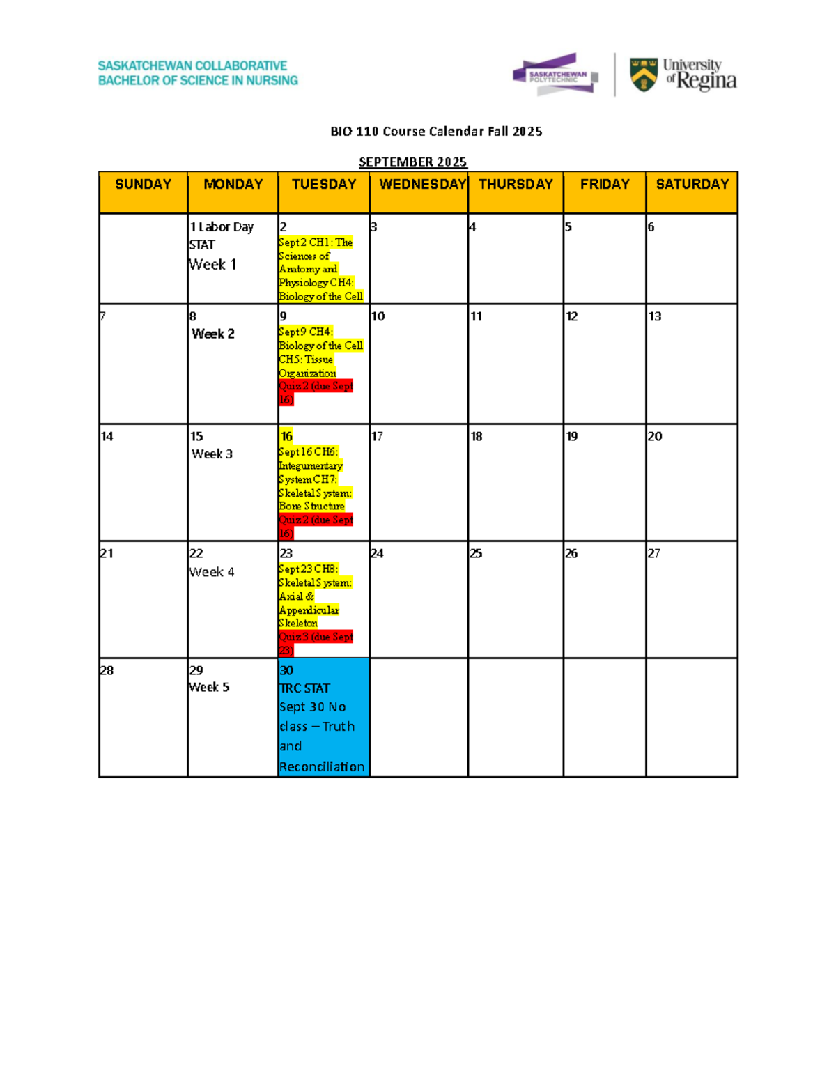 BIO 110 Fall 2025 Course Calendar and Quiz Schedule - Studocu