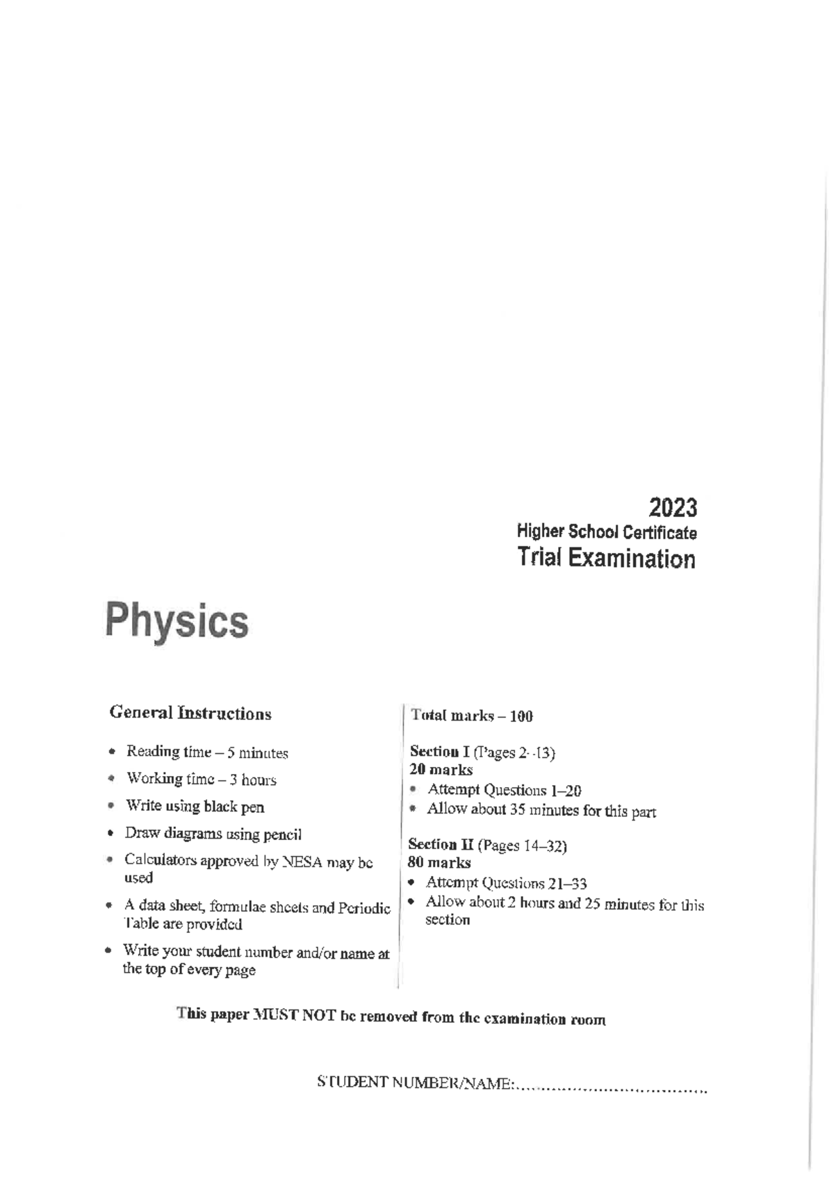 2023 HSC Physics Trial Exam: General Instructions & Questions - Studocu