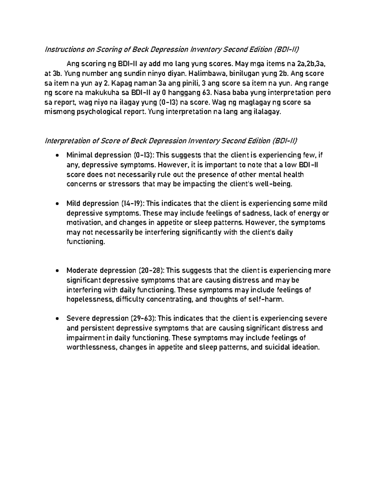 Instructions on Psychological Tests - Instructions on Scoring of Beck ...