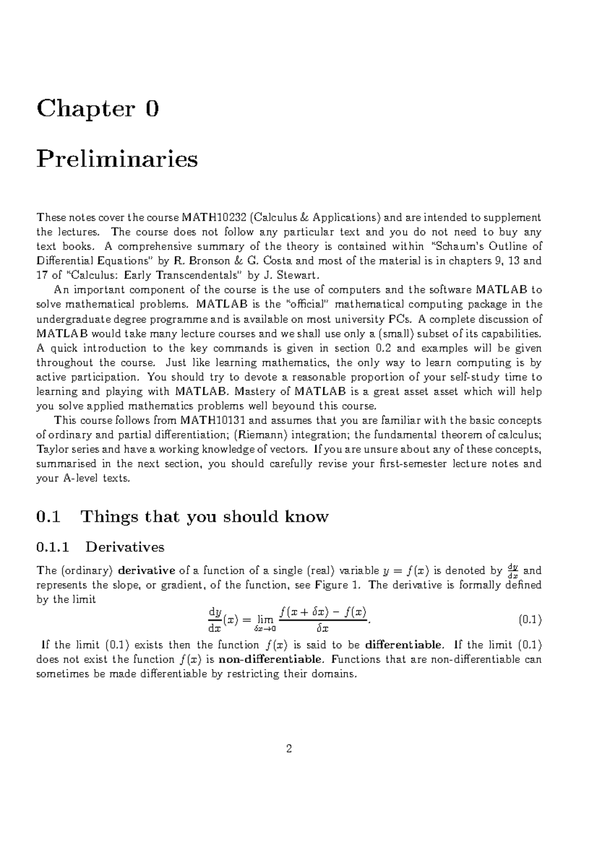 MATH10232 Chapter 0 - Introductory Lecture Notes on Calculus & MATLAB ...