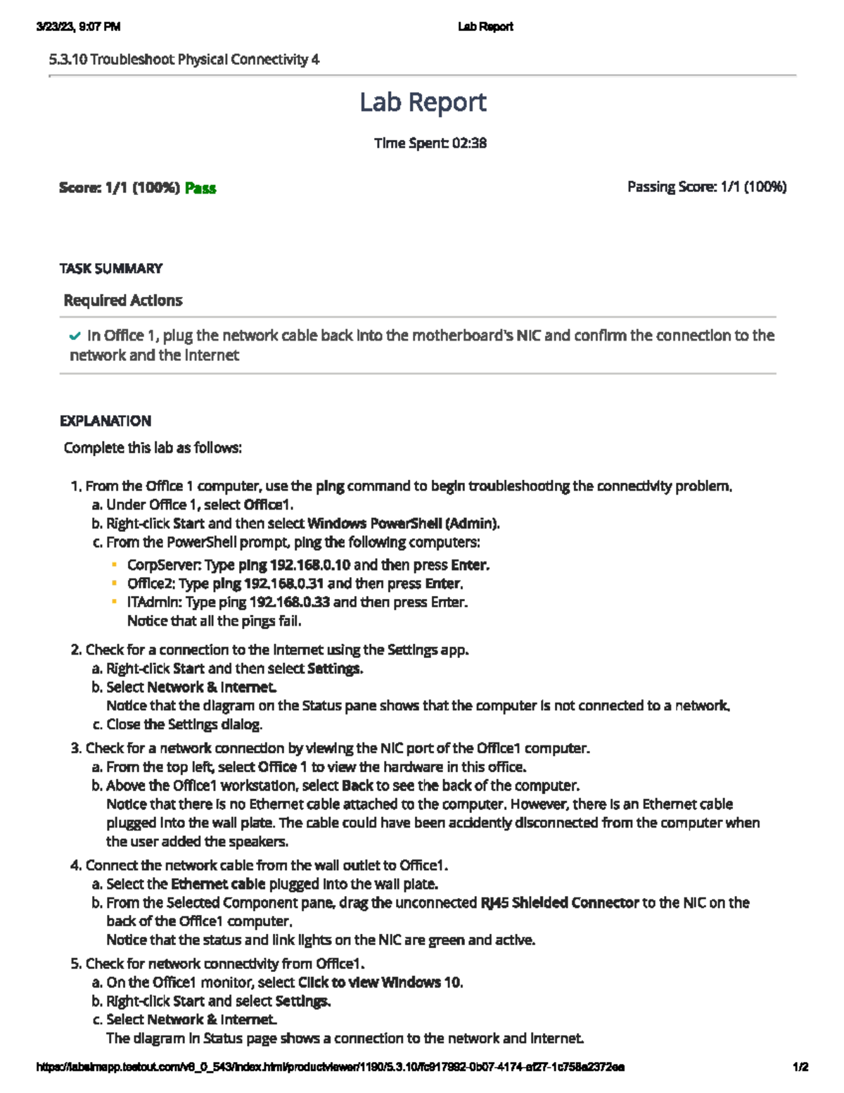 5.3.10 Troubleshoot Physical Connectivity 4 - 9:07 PM Lab Report 5.3 ...