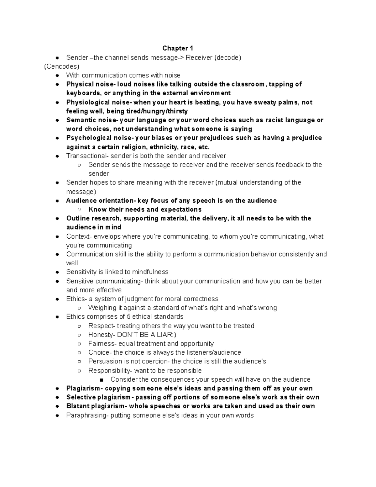 Public speaking notes - Chapter 1 Sender –the channel sends message ...
