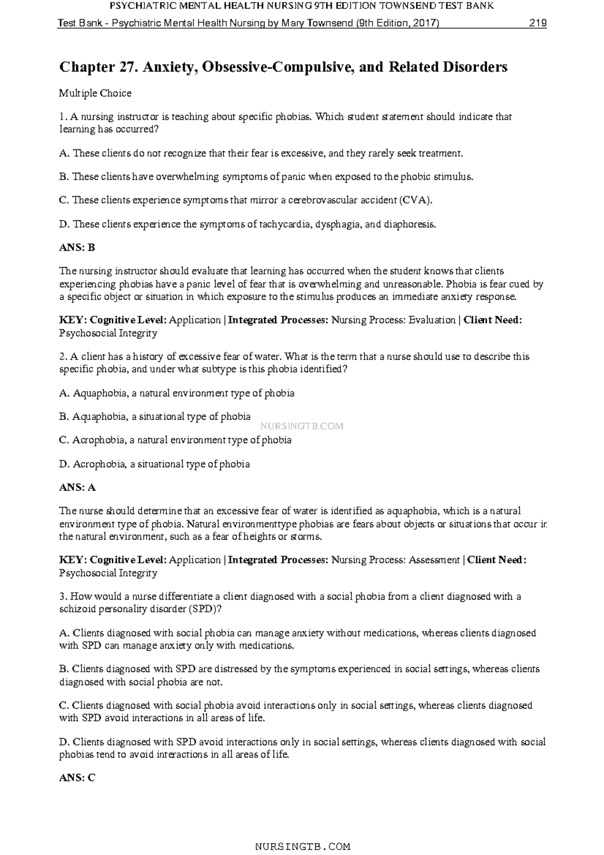 TB-PSYCHIATRIC MENTAL HEALTH NURSING: Chapter 27 - Anxiety & Related ...