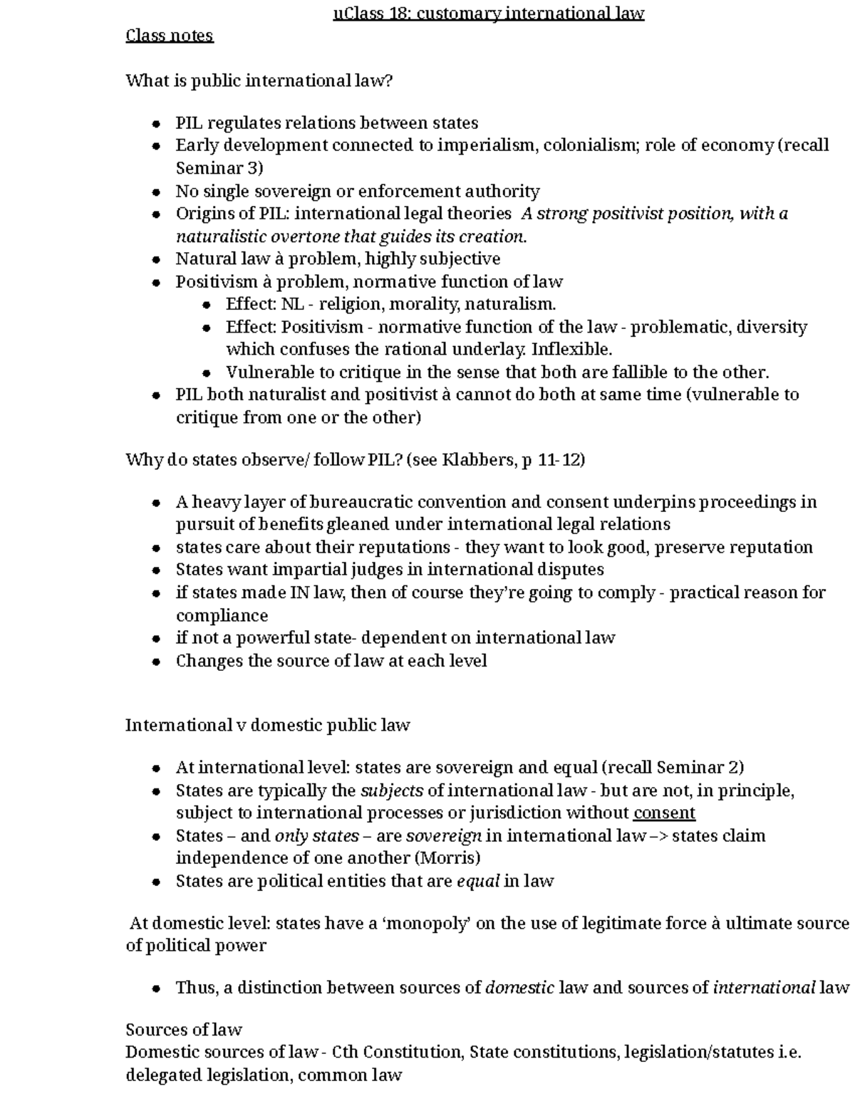 uClass 18: Customary International Law - Class Notes & Exam Prep - Studocu