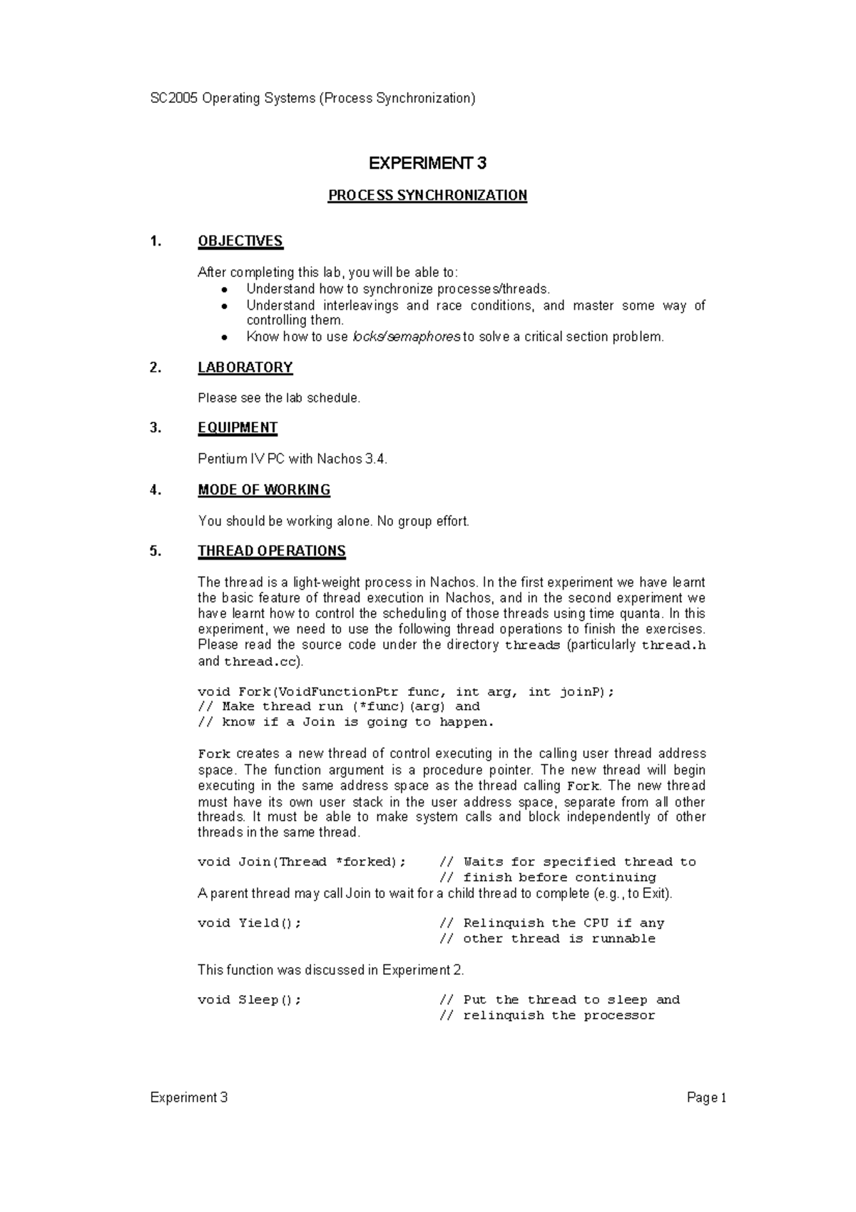 SC2005 Operating Systems: Experiment 3 on Process Synchronization ...