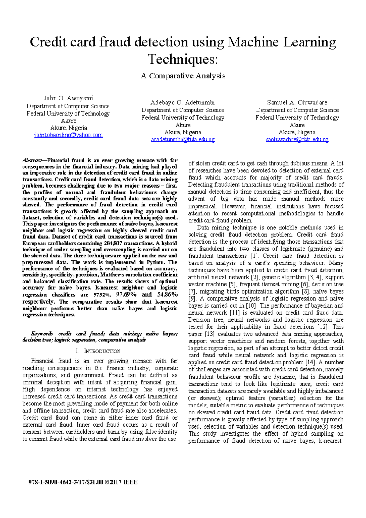 Comparative Analysis of Credit Card Fraud Detection Techniques (CSE 301 ...
