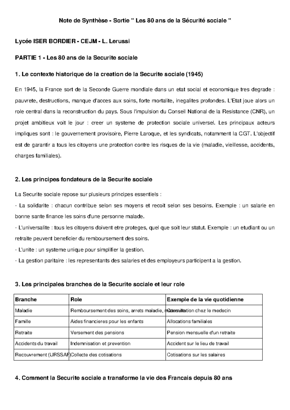 Note de Synthèse : Les 80 ans de la Sécurité Sociale et la CGT - Studocu