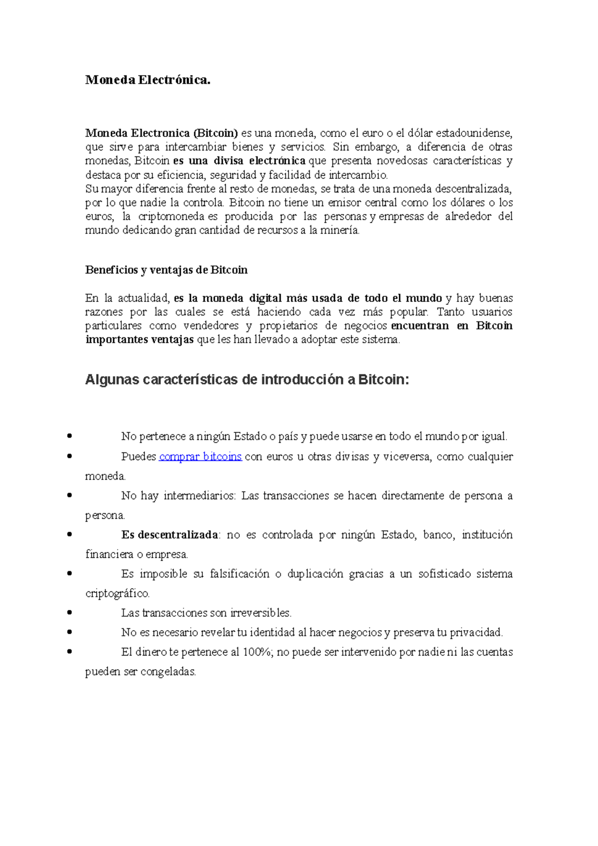 Moneda Electrónica: Ventajas y Beneficios del Bitcoin - Nota 8 - Studocu