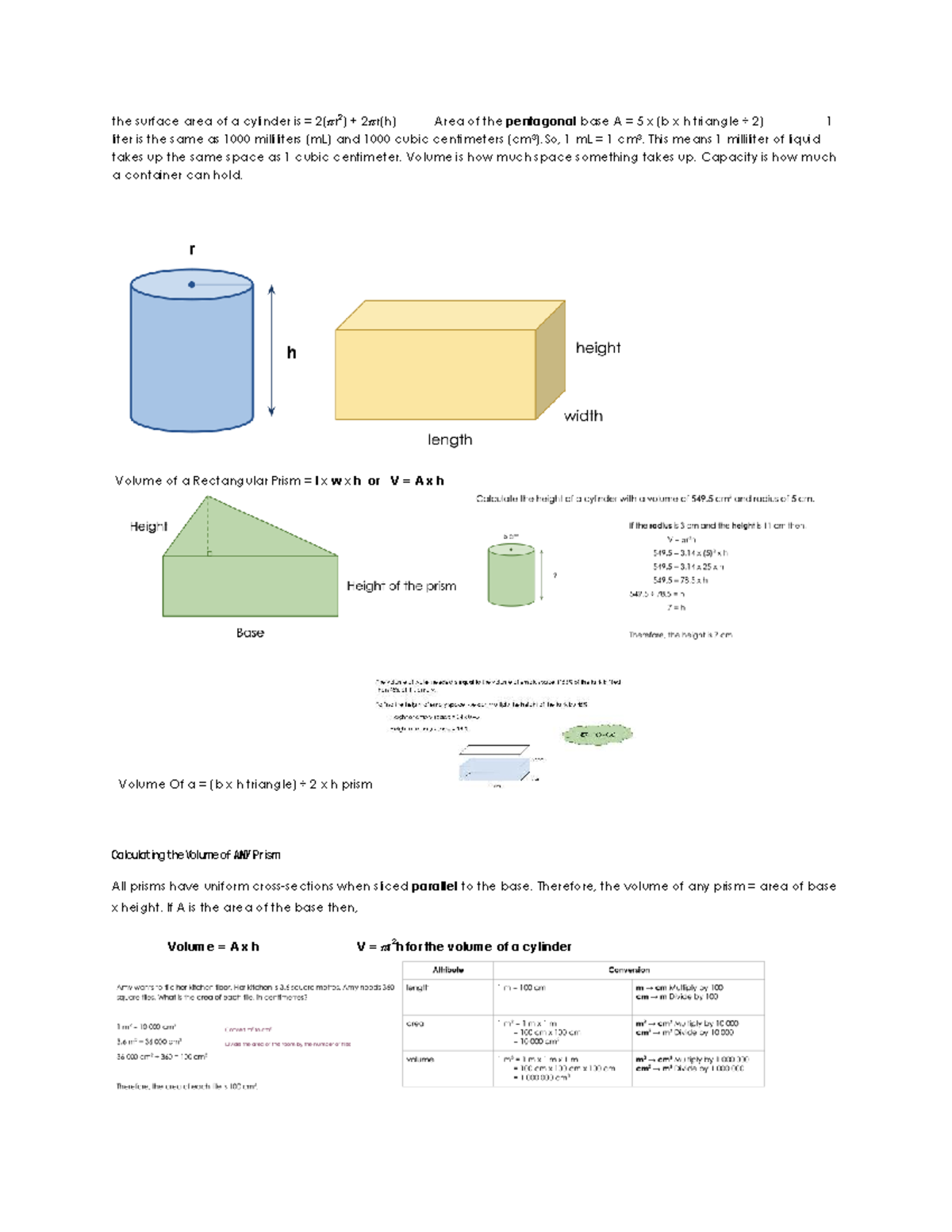 Calculating Volume and Surface Area of Cylinders and Prisms - Studocu