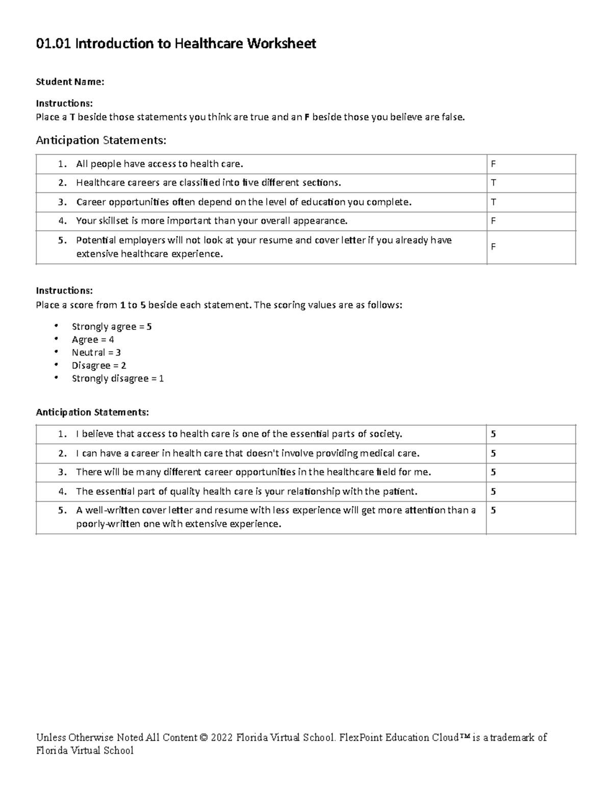 1.01 HS - worksheet - 01 Introduction to Healthcare Worksheet Student ...