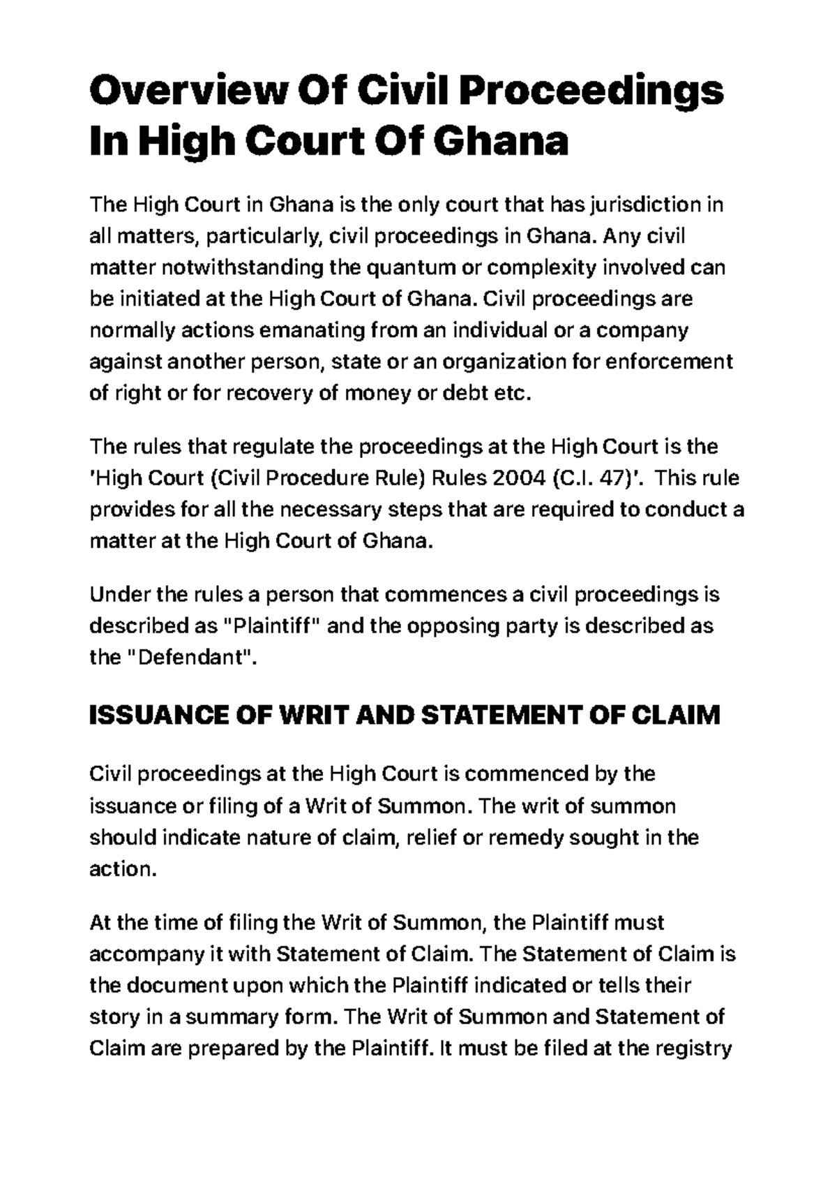 Civil Proceedings Overview in High Court of Ghana: A Guide - Studocu