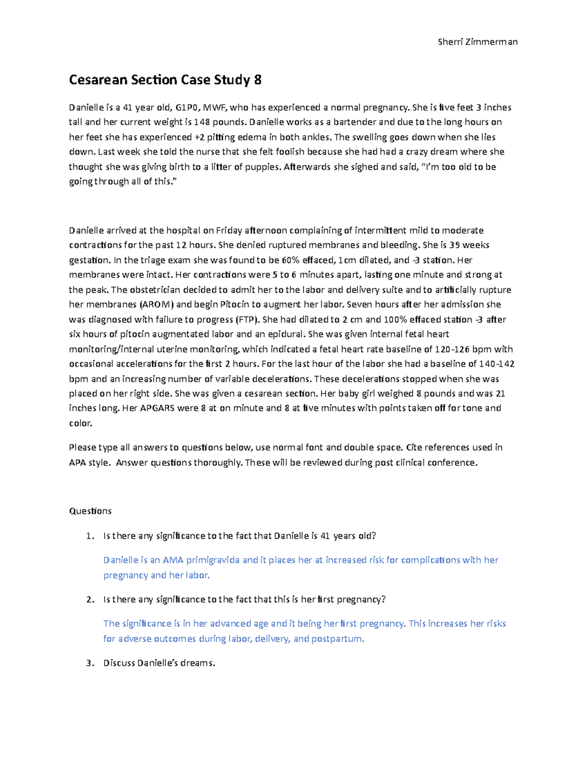 Cesarean Section Case Study with answers - Sherri Zimmerman Cesarean ...