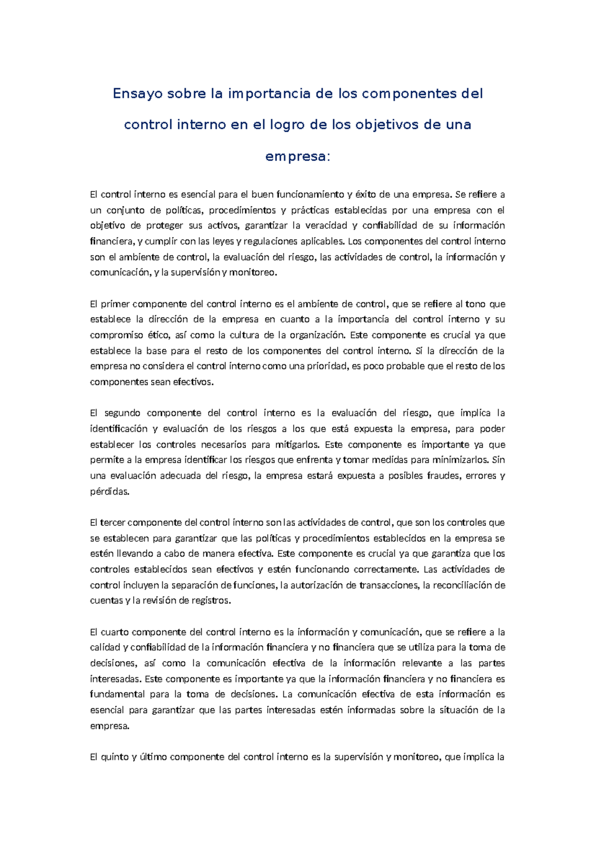Ensayo sobre Control Interno y sus Componentes Clave en Empresas - Studocu