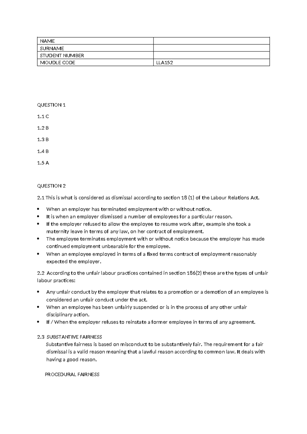 LLA152 Assignment 2025: Unfair Dismissal & Labour Practices Analysis ...