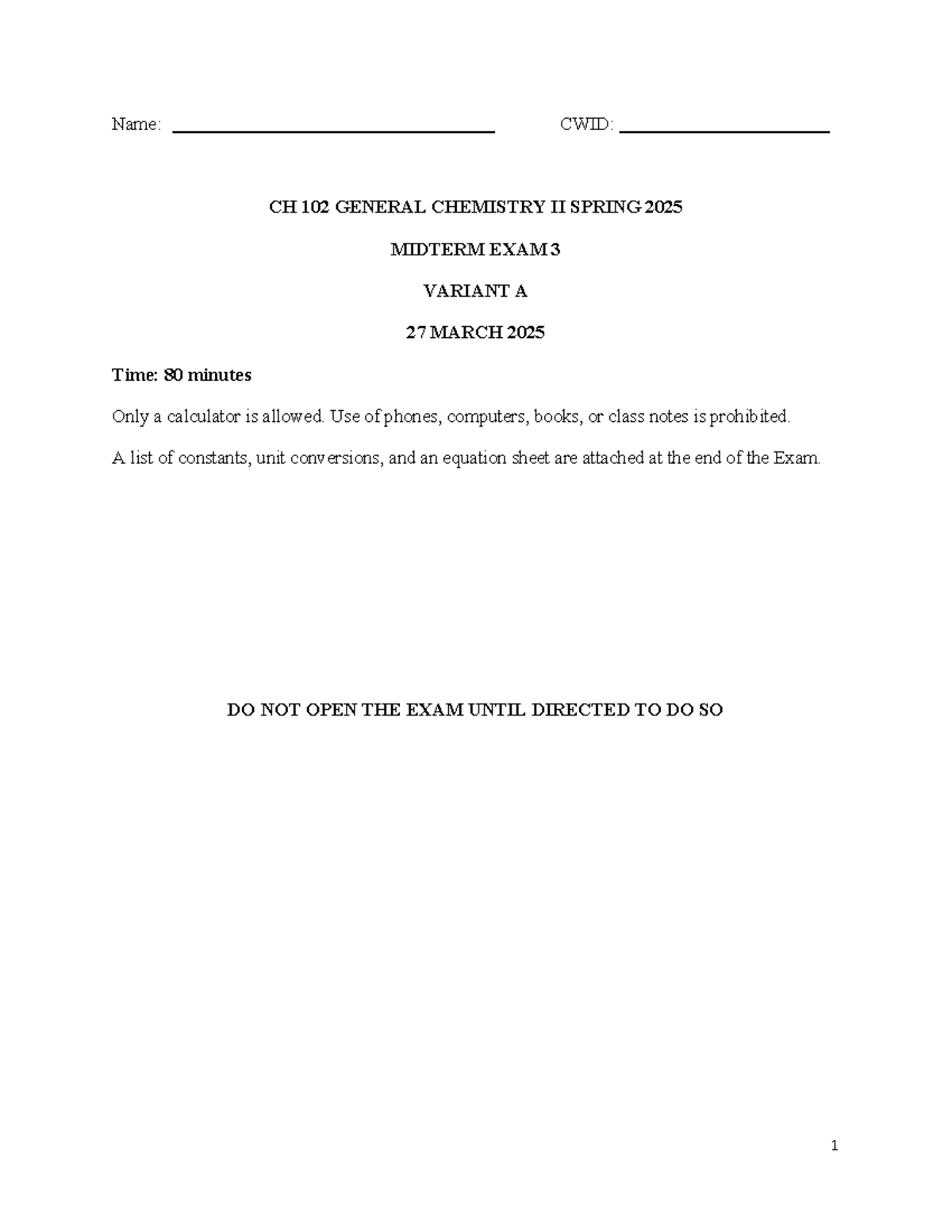 CH 102 GENERAL CHEMISTRY II SPRING 2025 MIDTERM EXAM 3 PRACTICE - Studocu