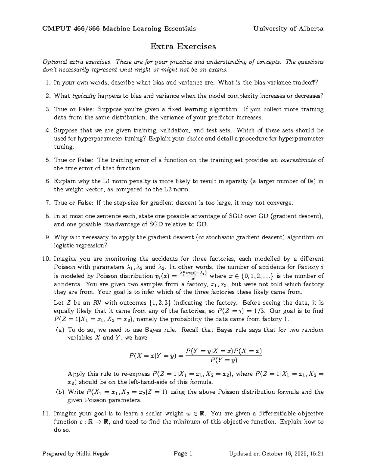 CMPUT Machine Learning Essentials - Extra Practice Exercises - Studocu