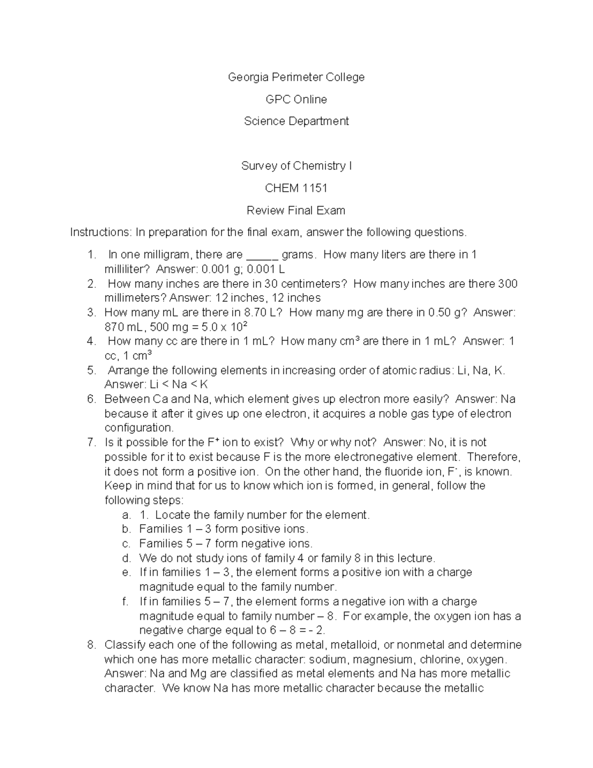 CHEM 1151 Final Exam Review Guide & Practice Qs for GPC - Studocu