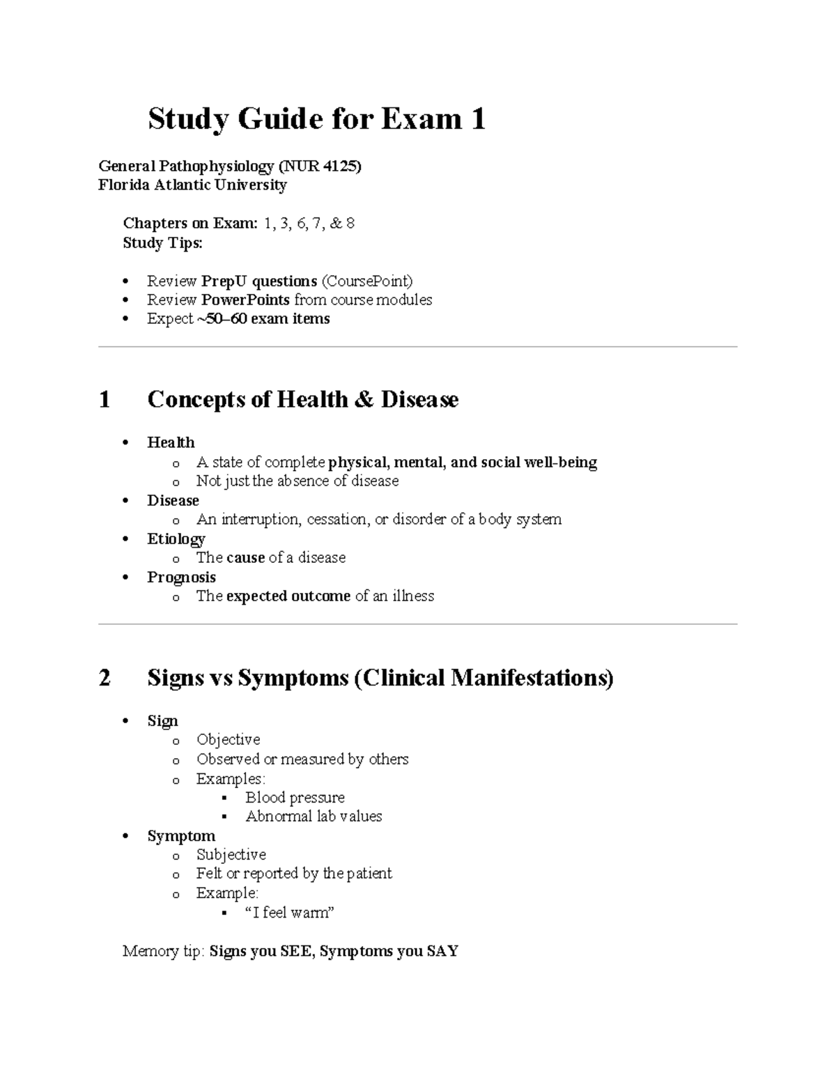 Study Guide for Exam 1 - General Pathophysiology (NUR 4125) - Studocu