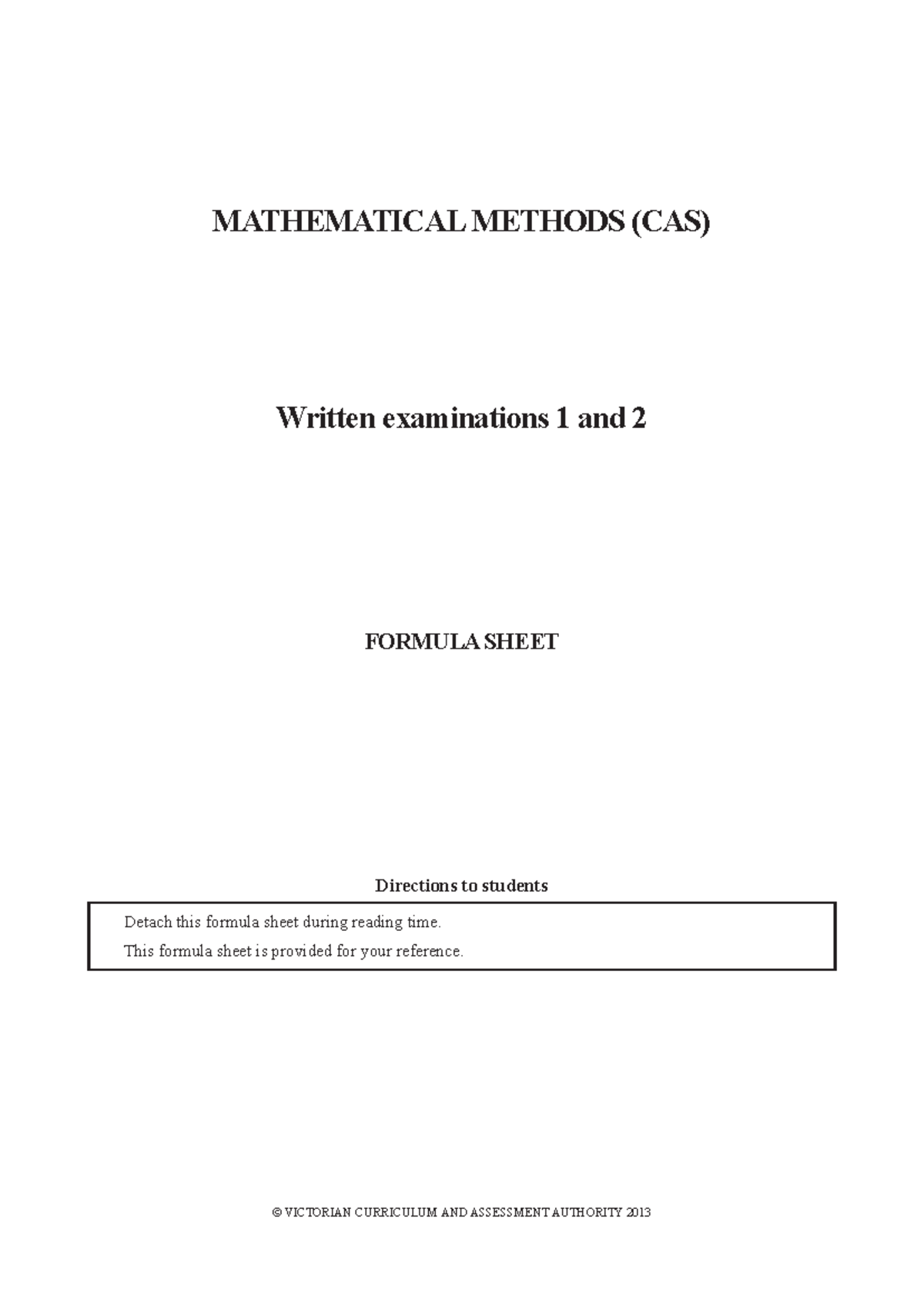 Mathematical Methods (CAS) Formula Sheet for Written Exams 1 & 2 - Studocu