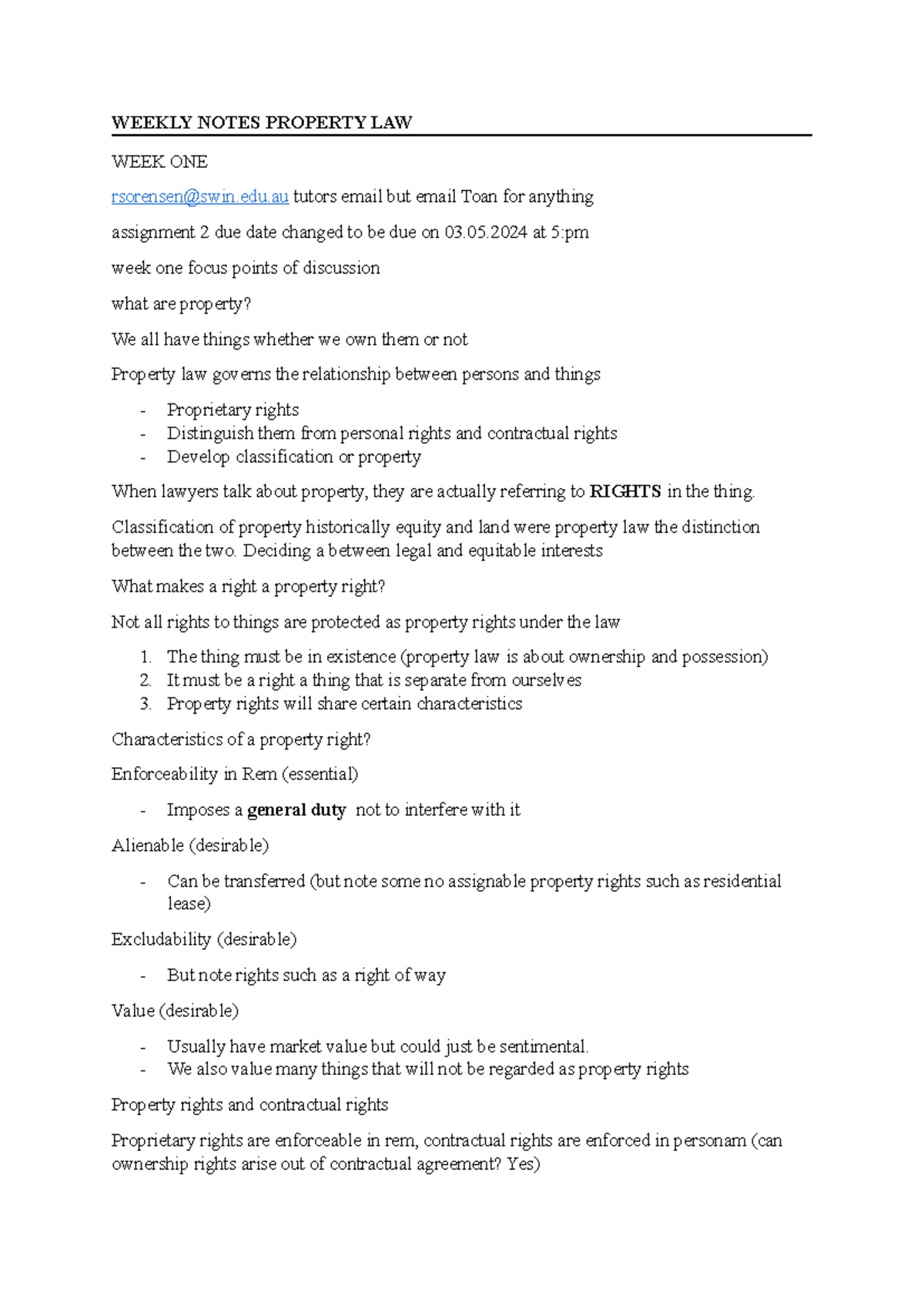 Weekly Notes on Property Law - Week 1 & 2 Analysis and Discussion - Studocu