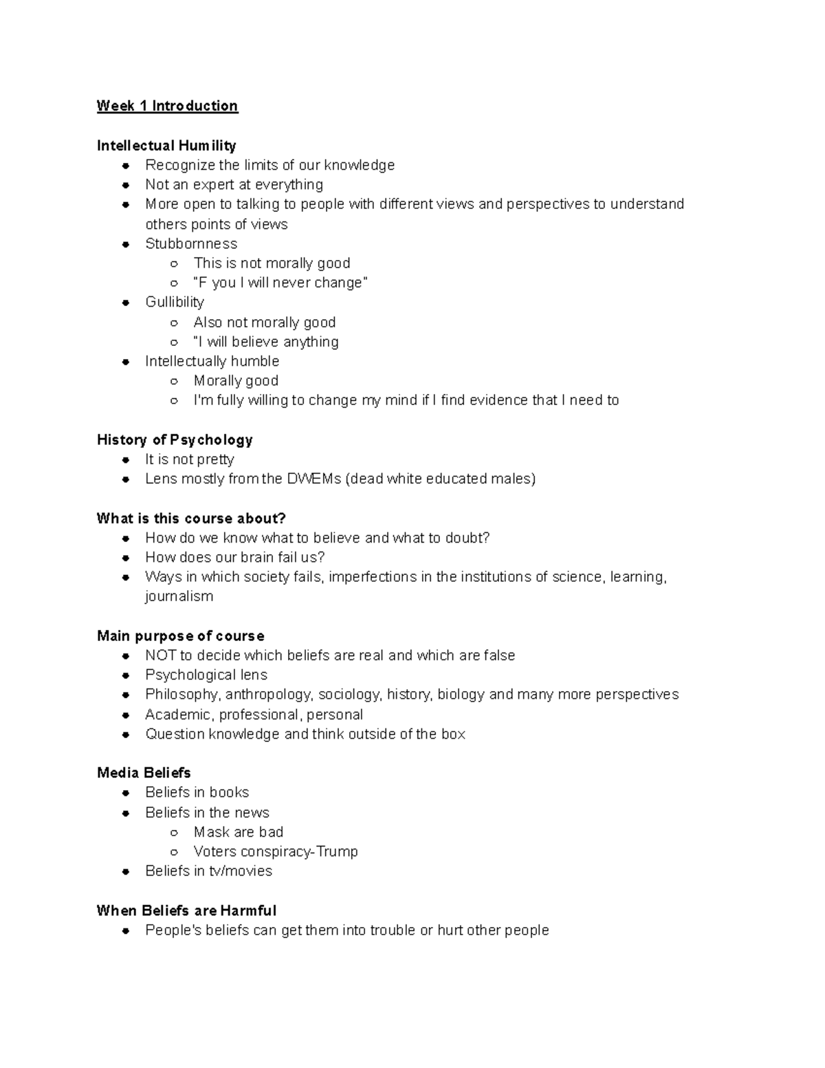 PSY101 Week 1 Lecture Notes: Introduction to Intellectual Humility ...