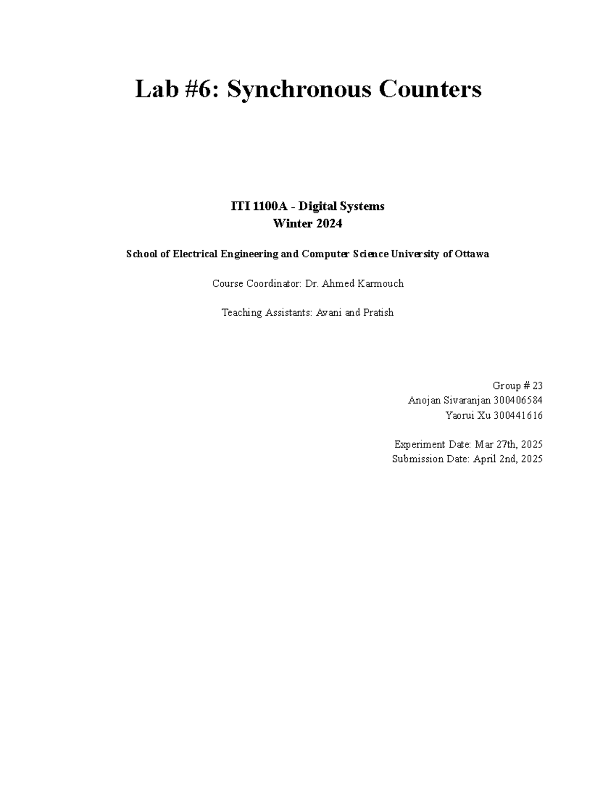 ITI1100 Lab Report #6: Design and Analysis of Synchronous Counters ...