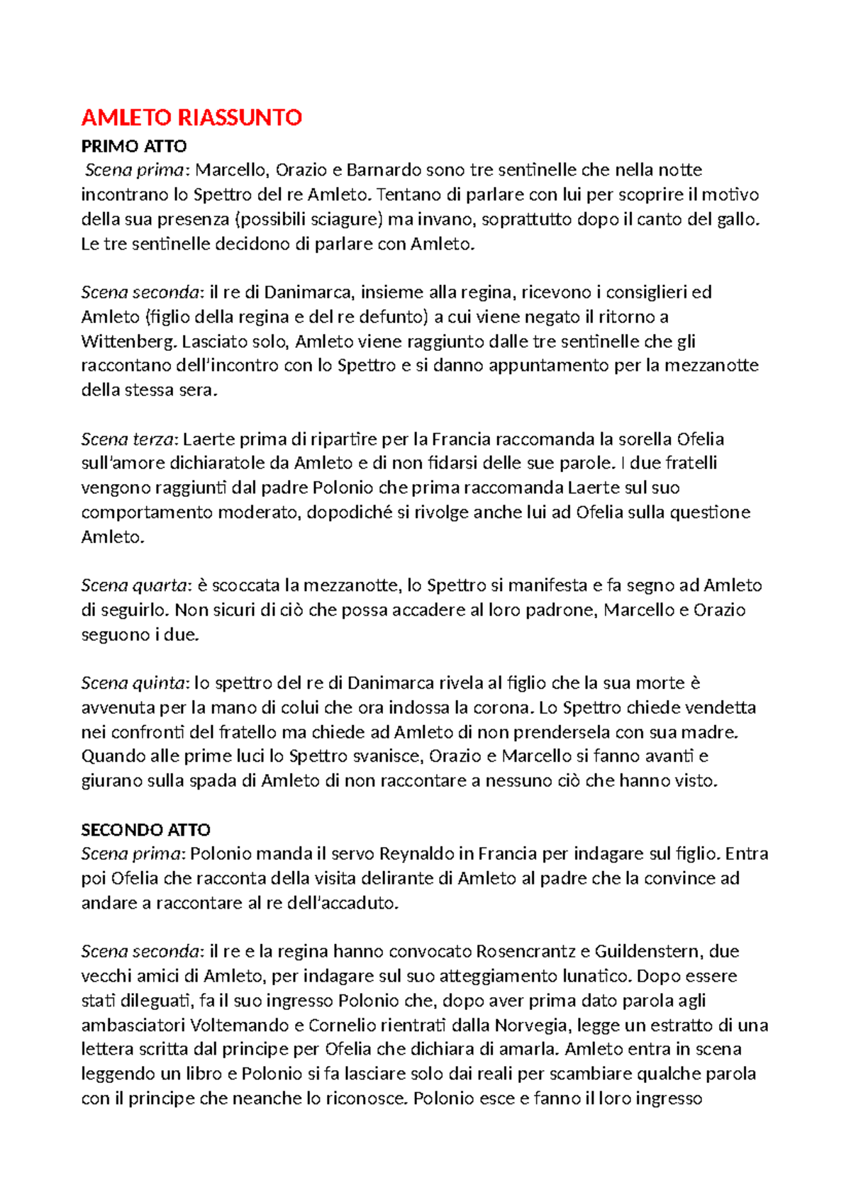 AMLETO (IT) - Riassunto del Primo e Secondo Atto - Studocu