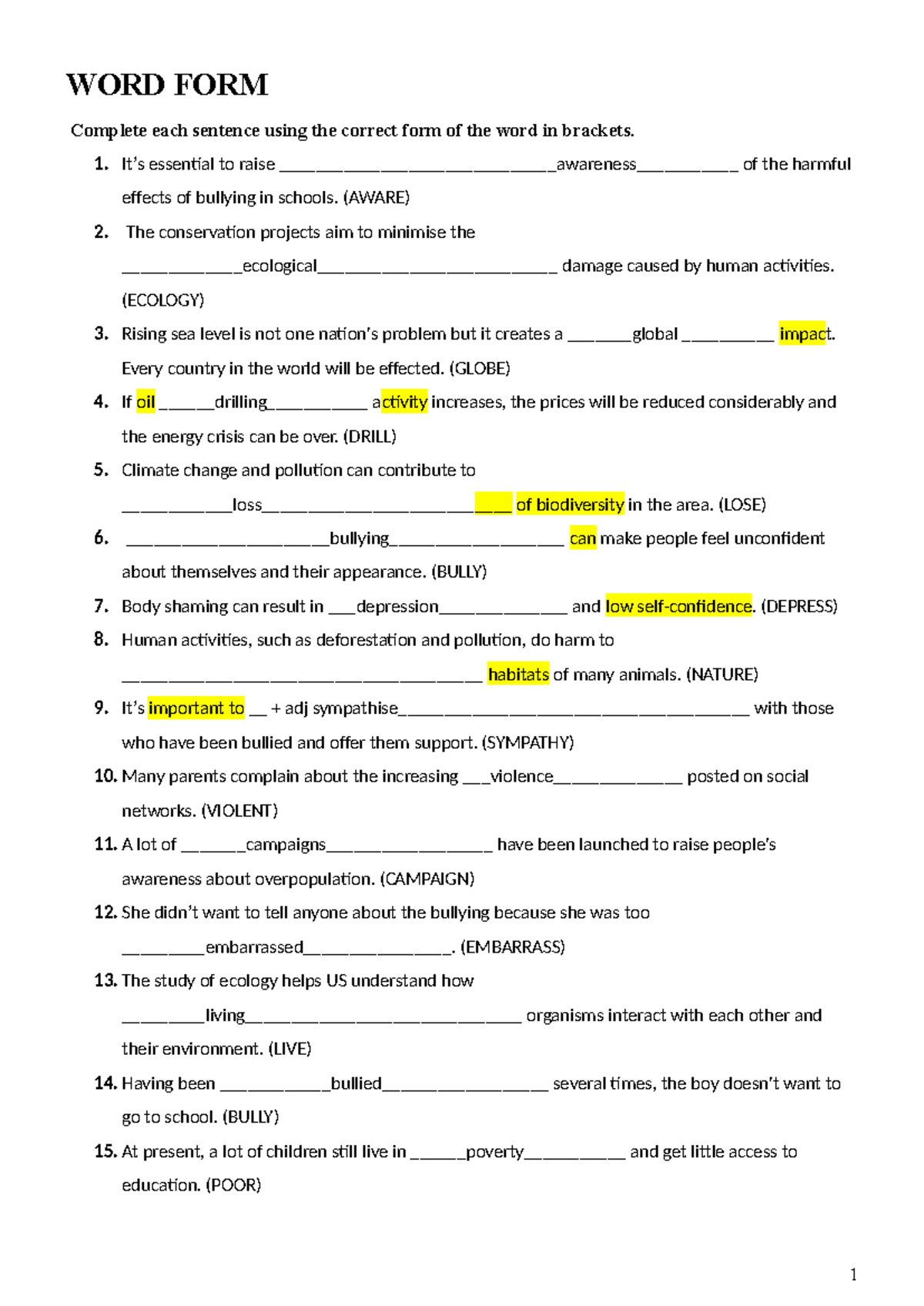 WORD FORM Exercise: Complete Sentences with Correct Word Forms - Studocu