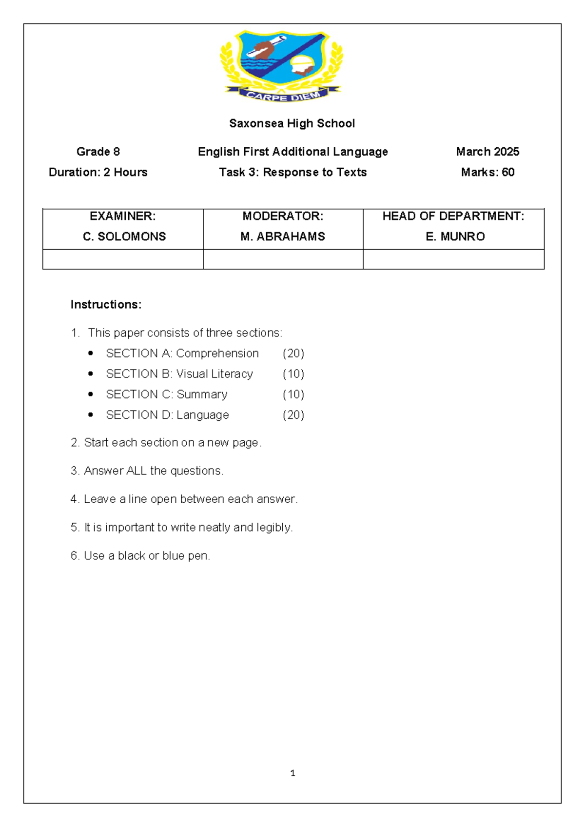 Saxonsea High School Grade 8 English First Additional Language Task 3 ...