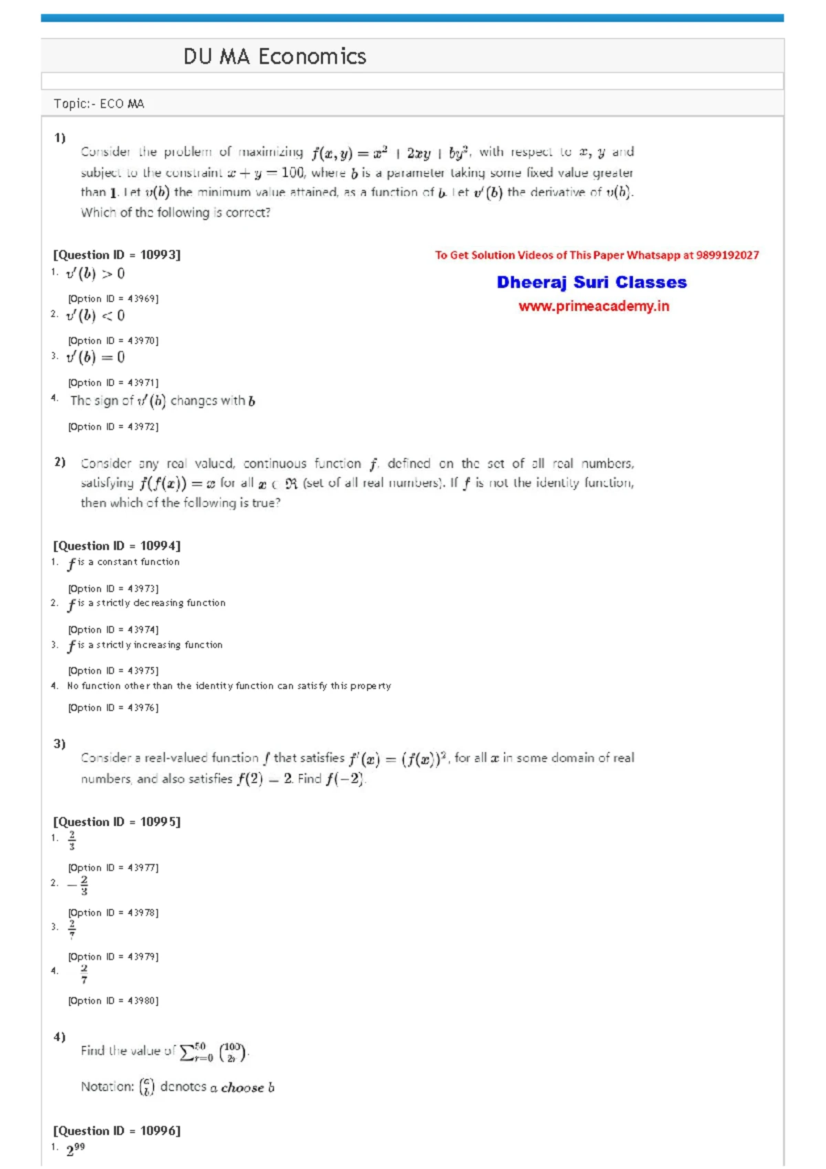Ge Eco PYQs - Previous economics ge question paper - ####### Sl. No. of ...