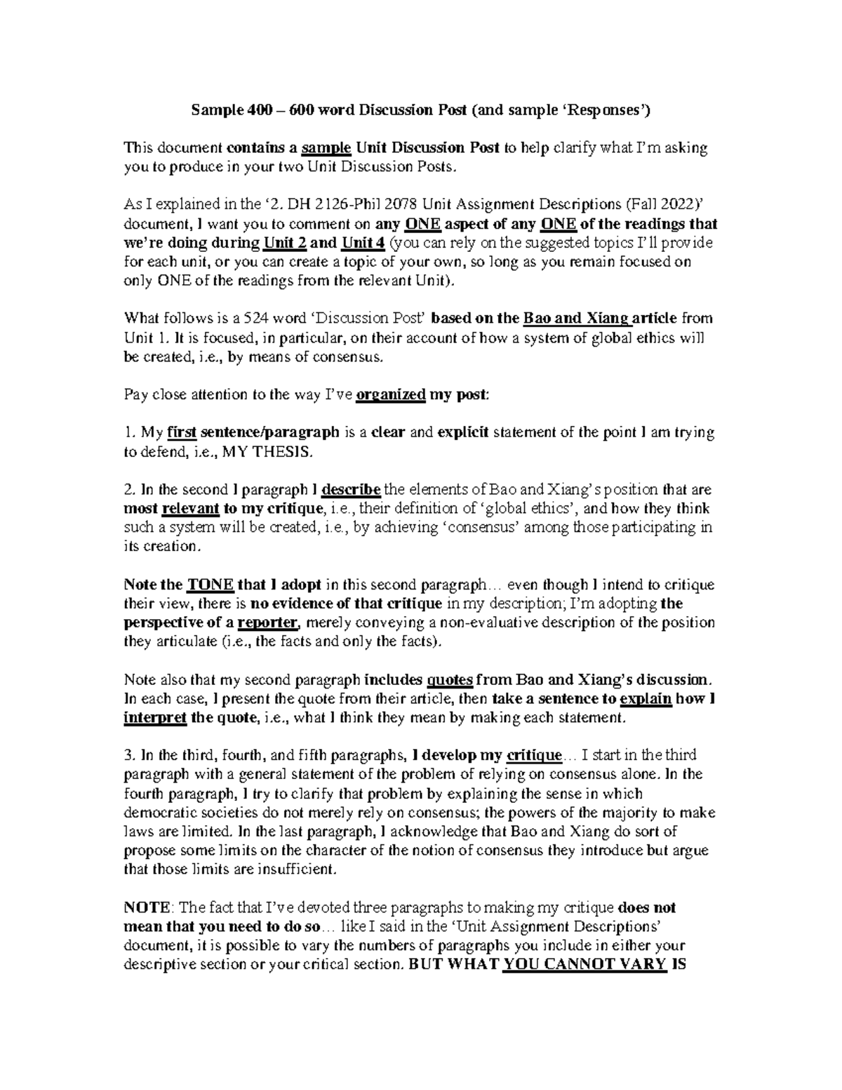 DH 2126-Phil 2078: Sample Discussion Post & Responses Guidance - Studocu