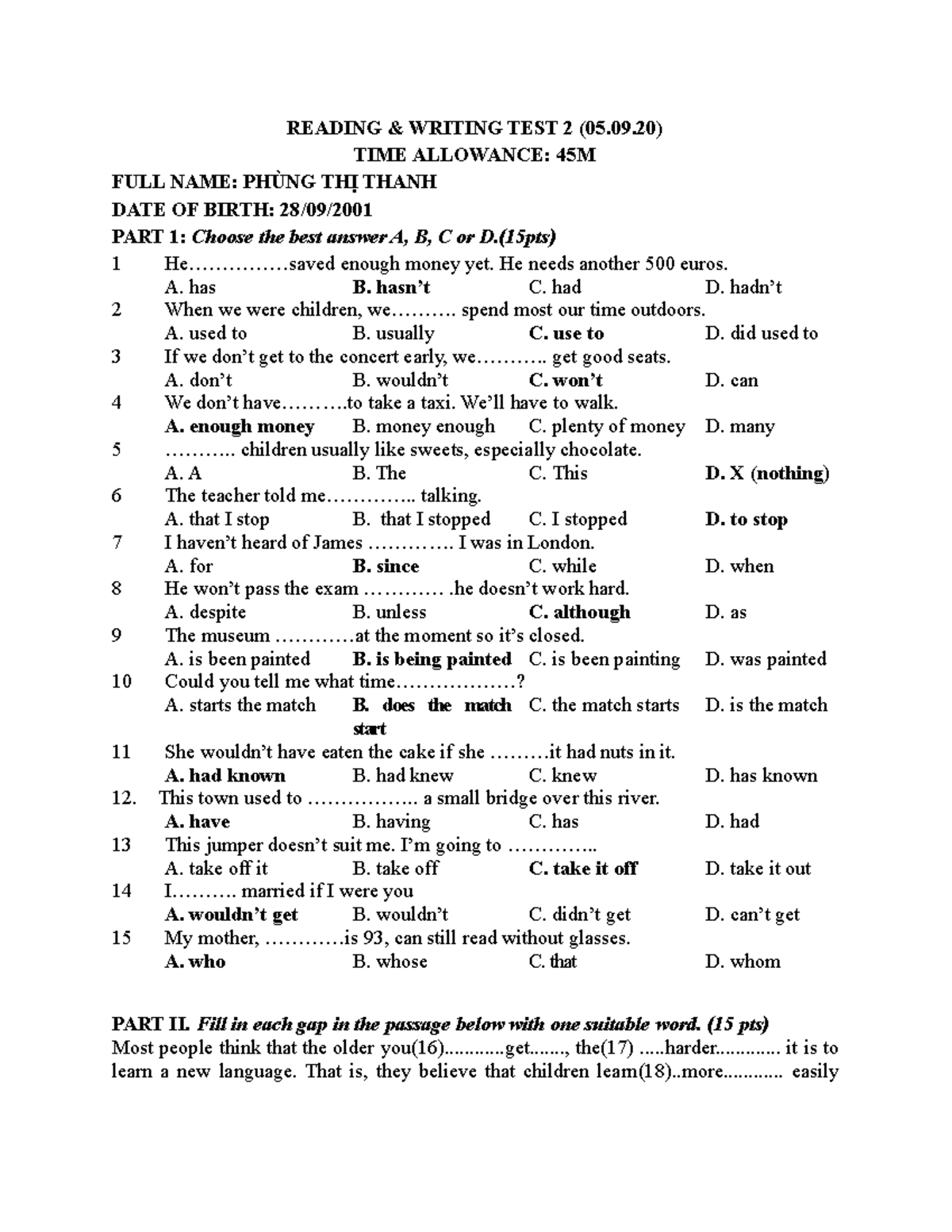 English Test 3.2 - Reading & Writing Assessment Insights - Studocu