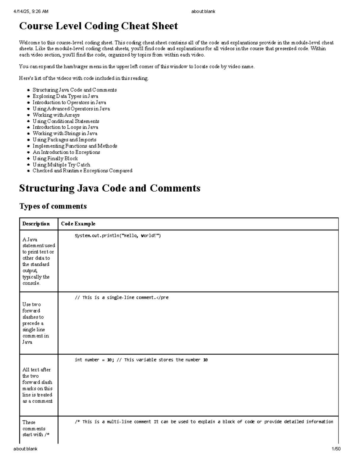 Java for Beginners: Course Level Coding Cheat Sheet - Studocu