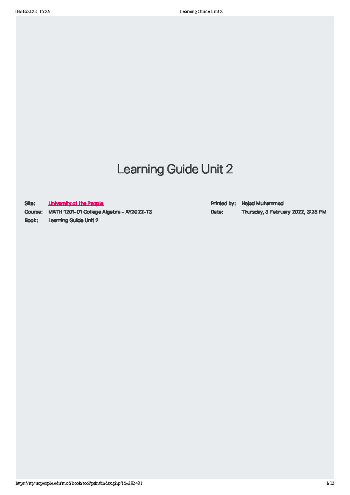 MATH 101: Learning Guide for Unit 2 - Linear and Quadratic Functions ...