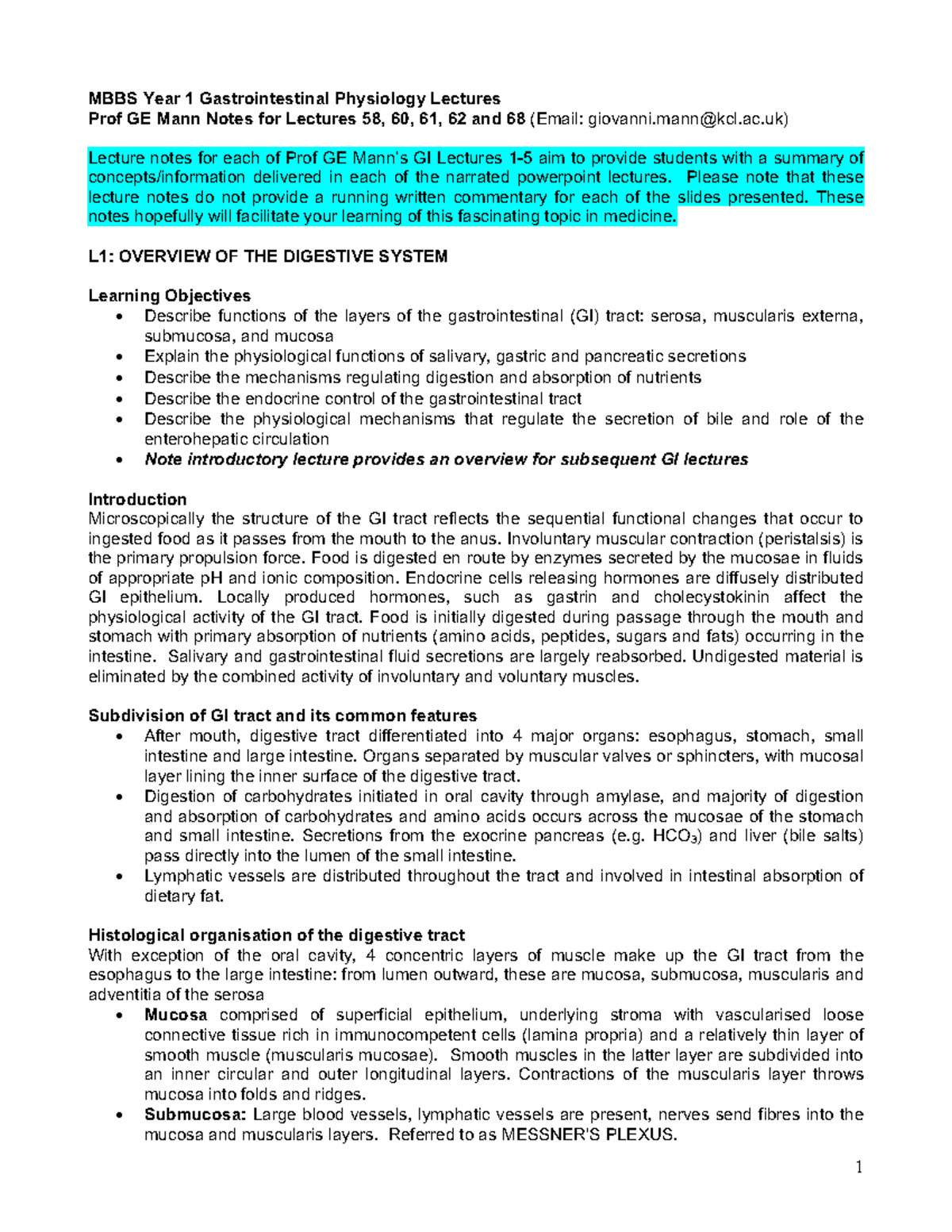 MBBS Year 1 Final Exam GI Lecture Notes by Prof GE Mann - Studocu
