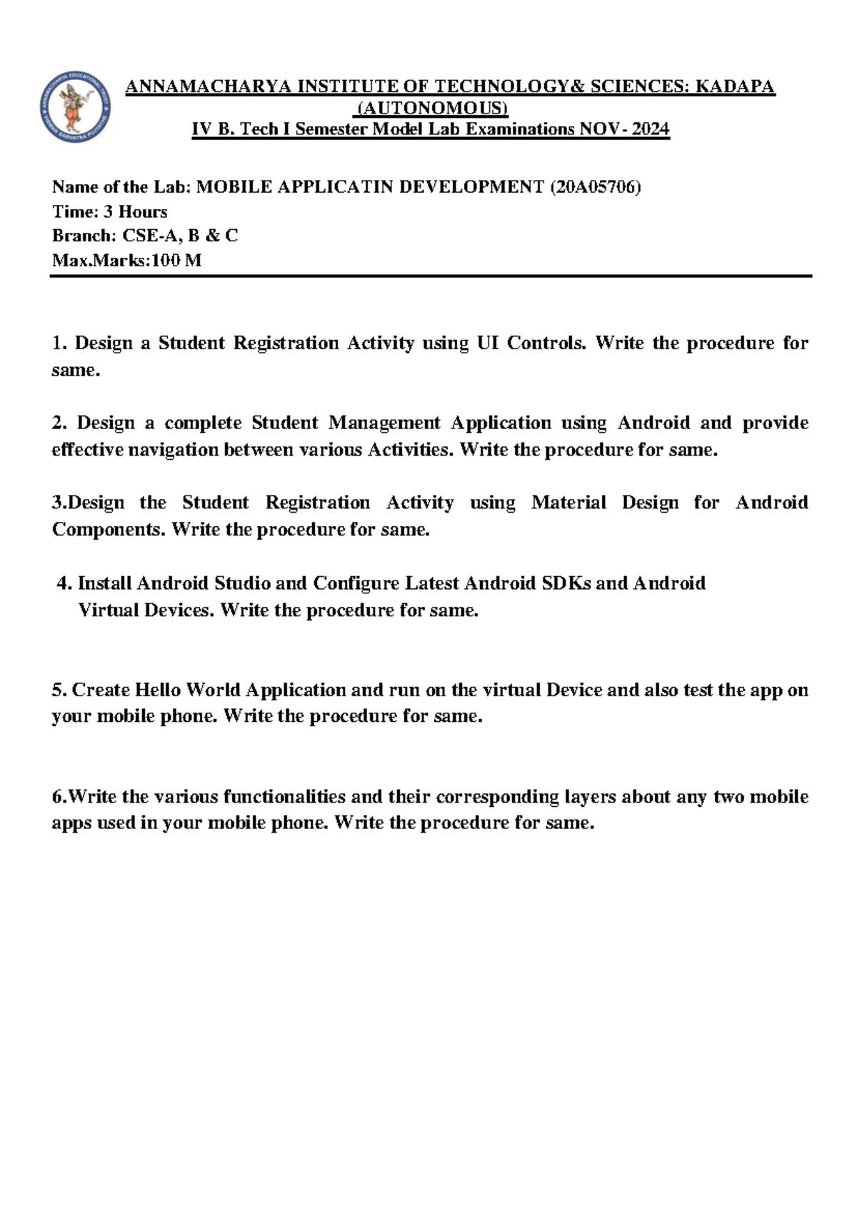 IV B. Tech I Sem Model Lab Exam QP: Mobile App Dev (20A05706) - Studocu