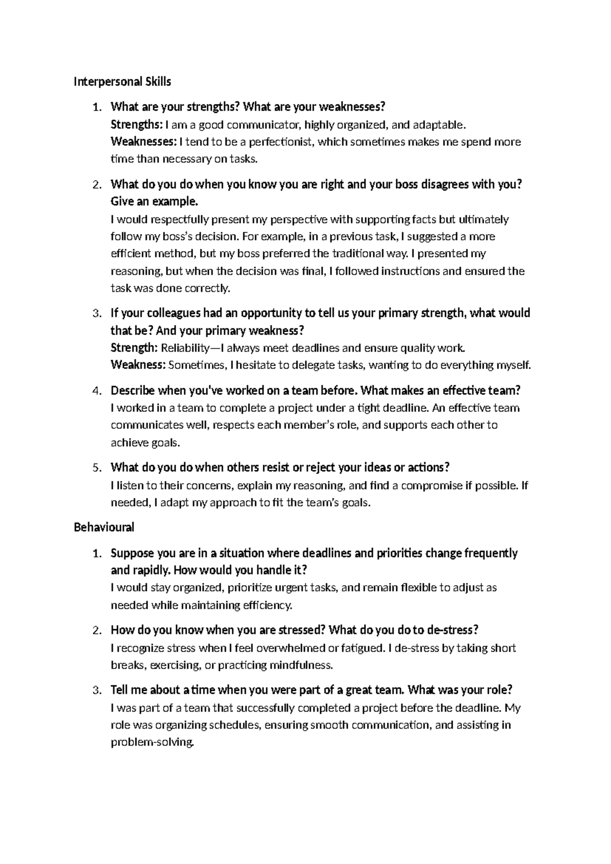Job mock interview - excellent - Interpersonal Skills 1. What are your ...