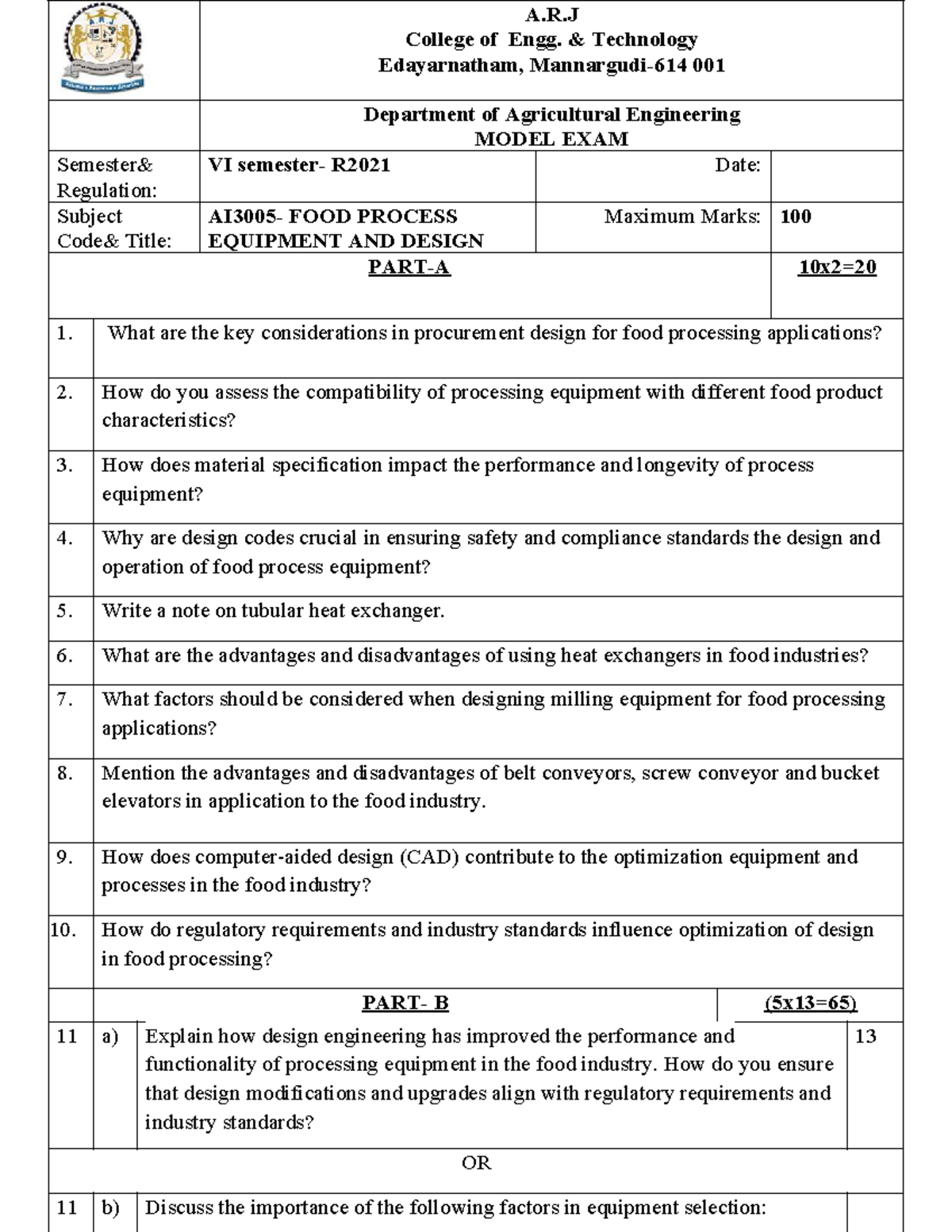 FPE Model Exam VI R2021 - Food Process Equipment & Design - Studocu