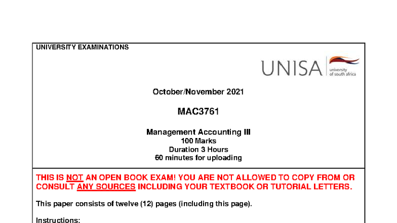 MAC3761 2021 Final Exam: Management Accounting Guidelines & Questions ...
