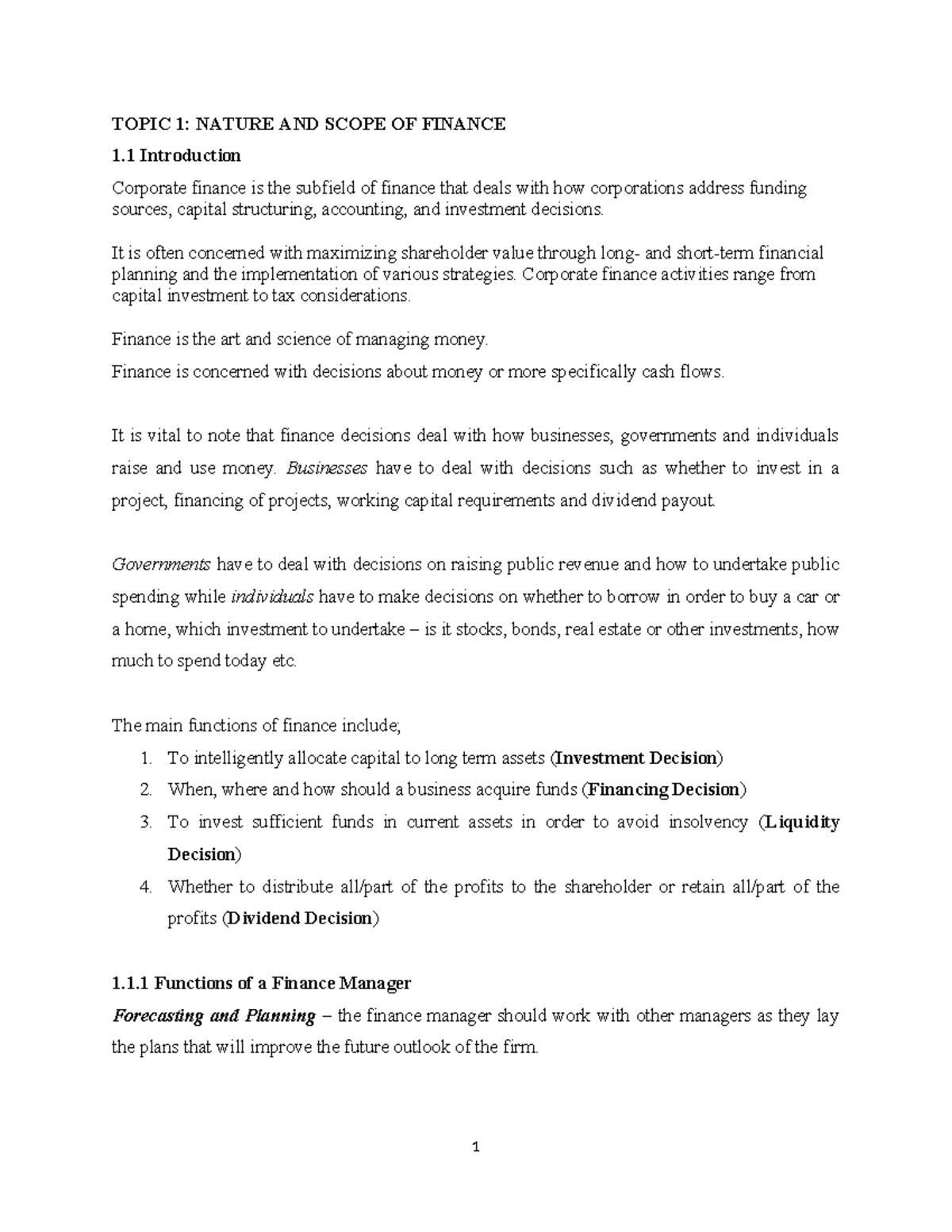 FIN 101: Nature and Scope of Finance - Key Concepts and Functions - Studocu