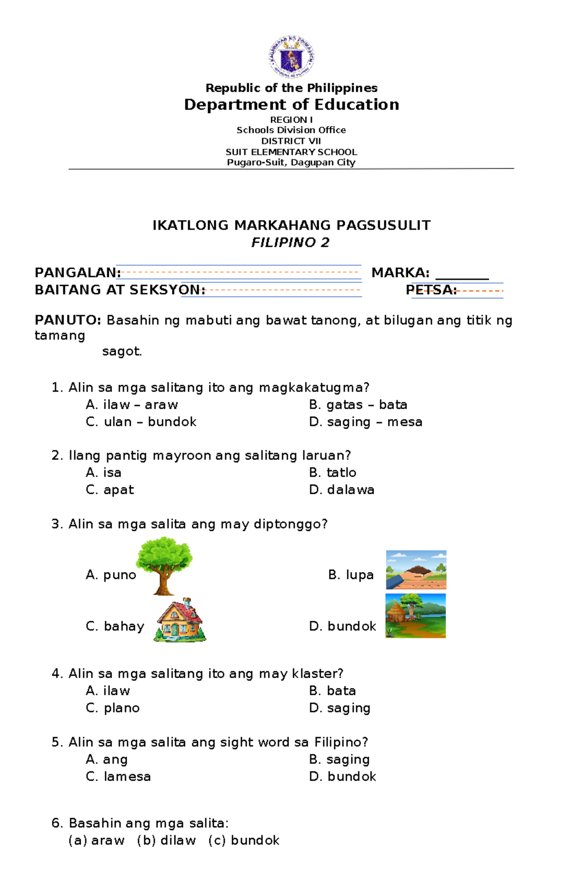3RD EXAM FILIPINO II - IKATLONG MARKAHANG PAGSUSULIT - Studocu