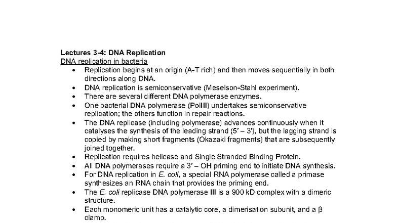 2.B Lecture Notes: DNA Replication in Bacteria and Eukaryotes - Studocu