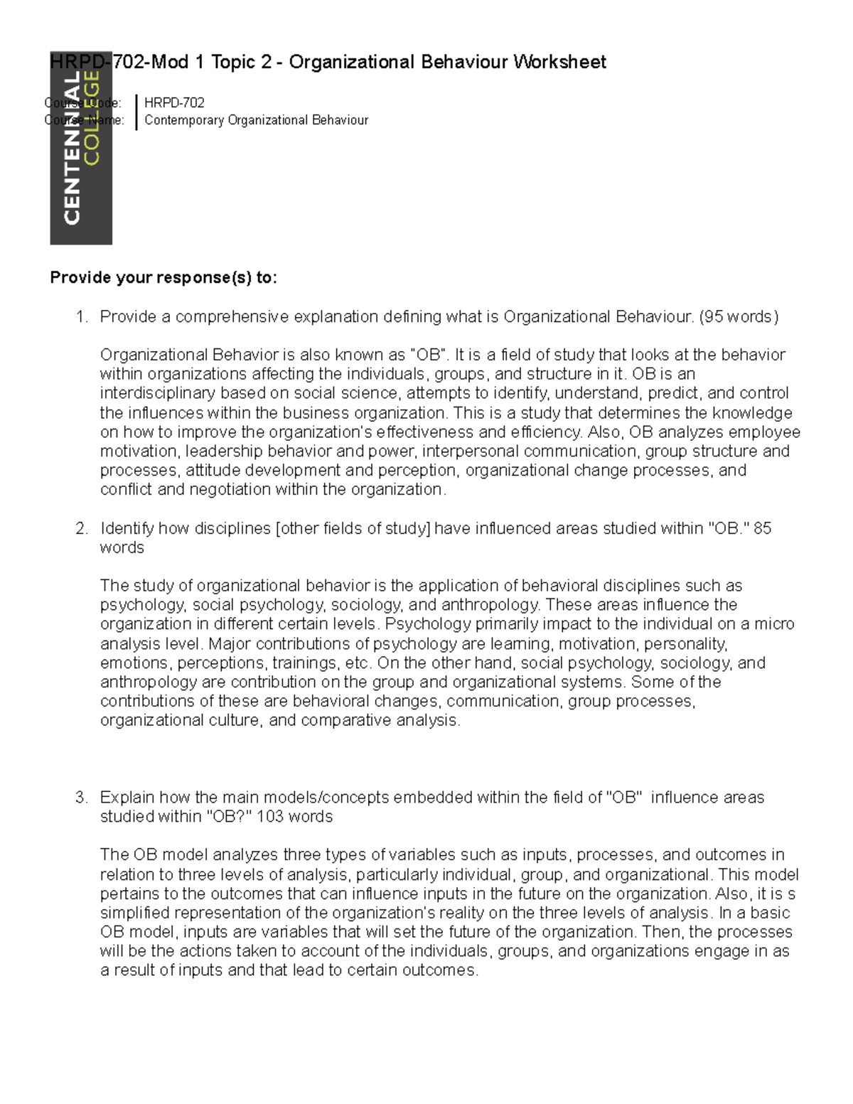 HRPD-702 Mod 1 Topic 2: Worksheet on Organizational Behaviour Analysis ...
