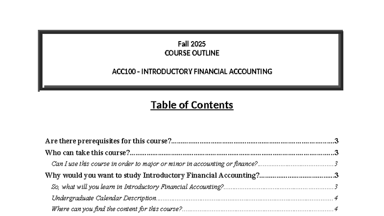 Fall 2025 ACC100 Introductory Financial Accounting Course Outline - Studocu