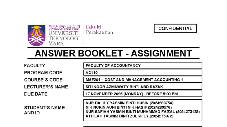 MAF201 Cost & Management Accounting 1 Assignment - Confidential - Studocu