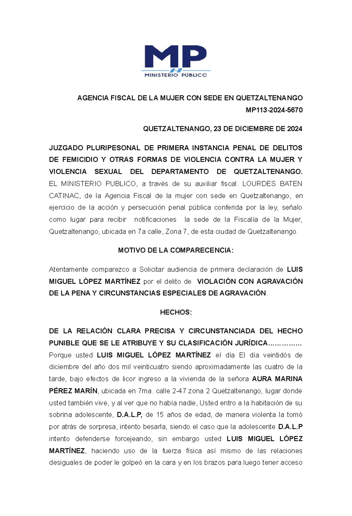 Solicitud de Audiencia de Primera Declaración - Caso LUIS MIGUEL LÓPEZ MARTÍNEZ - Document Preview