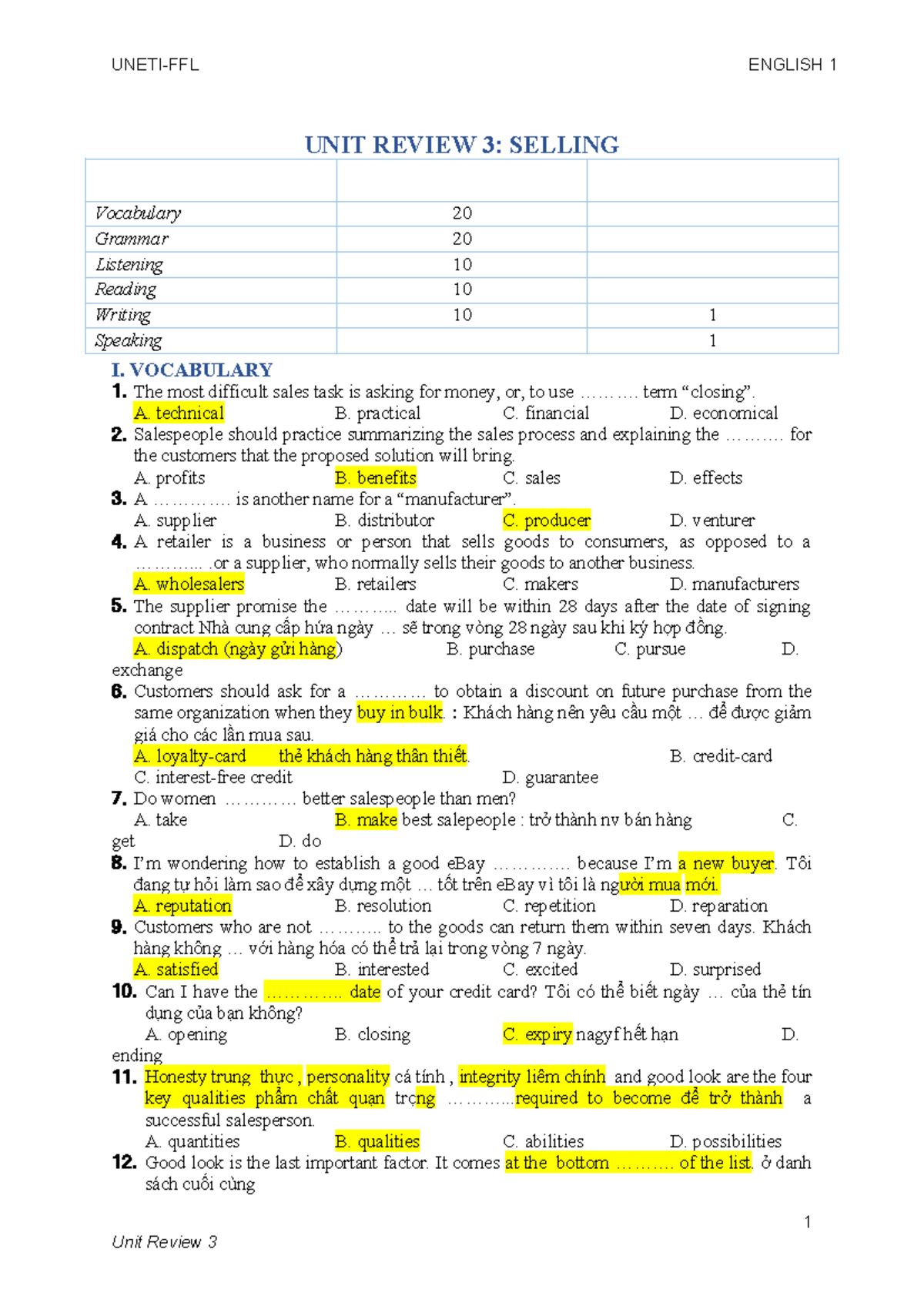 ENGLISH 1 UNIT 3 REVIEW: VOCABULARY, GRAMMAR, LISTENING, READING ...
