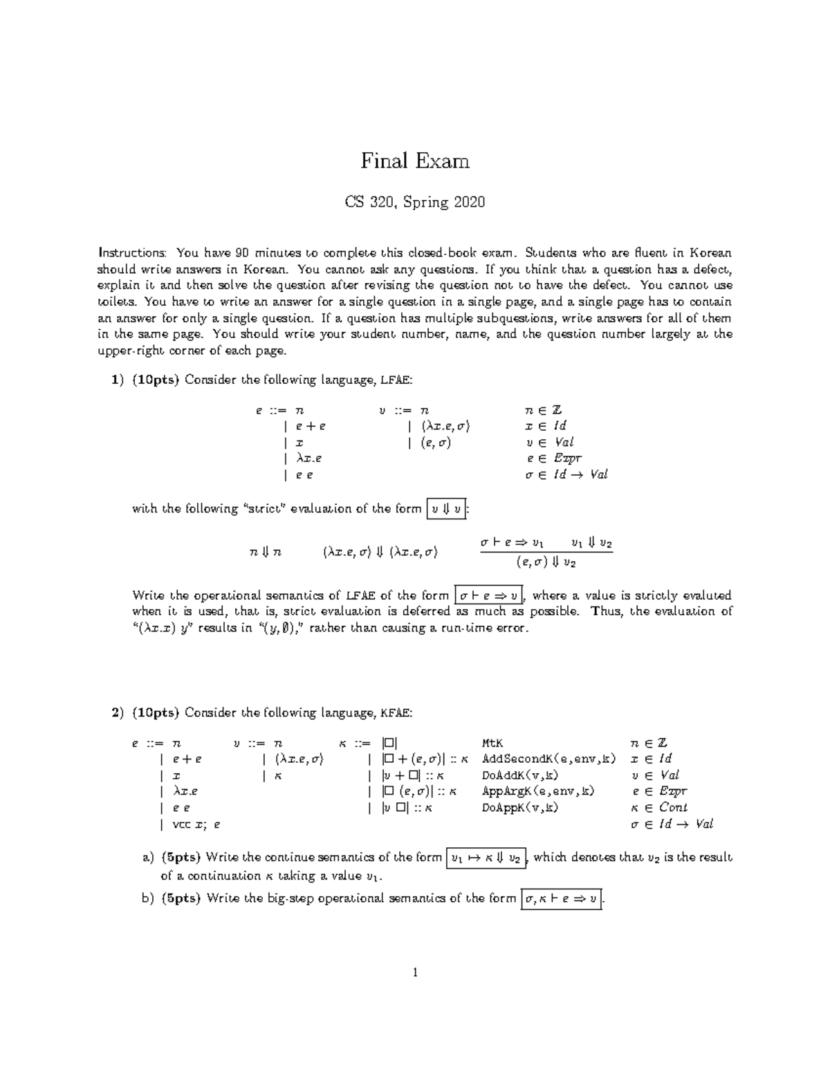 20-1-final - final - Final Exam CS 320, Spring 2020 Instructions: You ...