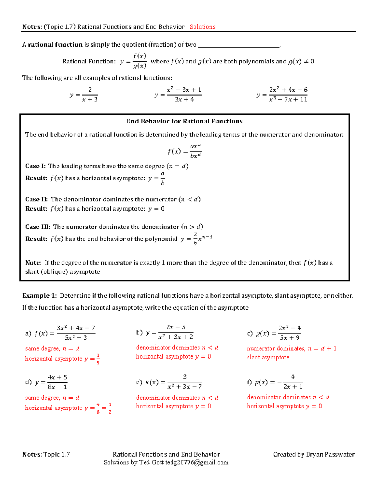Topic 1.7: Rational Functions & End Behavior Lecture Notes AP PC - Studocu